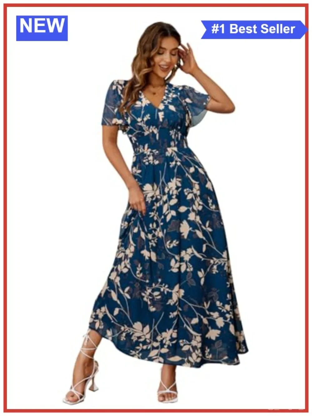 Boho Floral Maxi Dress V Neck Short Sleeve Flowy Long Casual Wedding Guest
